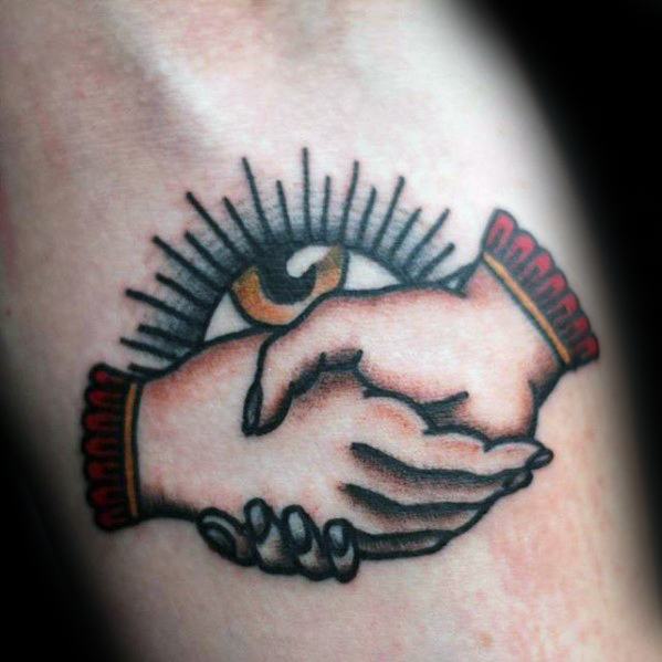 Guy With Handshake Eye Inner Forearm Tattoo Design