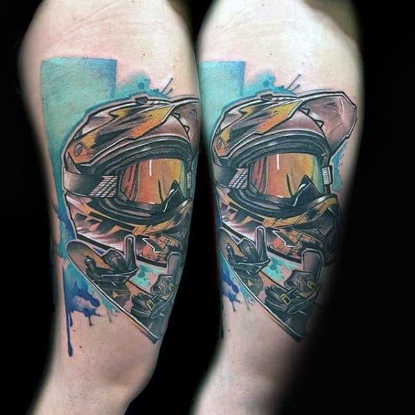 Guy With Head Gear Snowboard Tattoo On Arms
