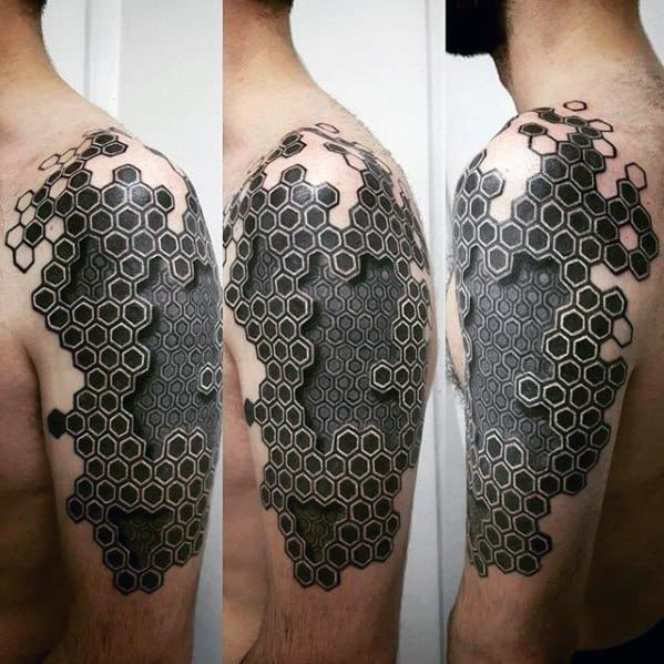 Guy With Hexagon 3d Geometric Arm Tattoo Design