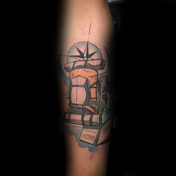 Abstract hiking tattoo featuring a backpack, compass, and map, symbolizing adventure, exploration, and the journey ahead.