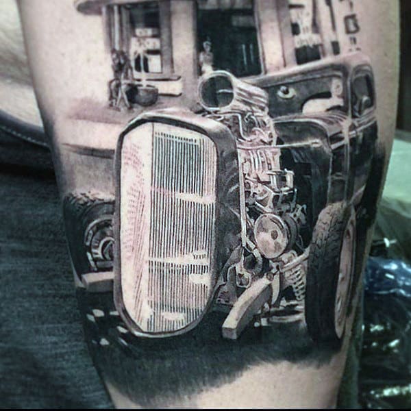 Tattoo of a classic car with a vintage building in the background