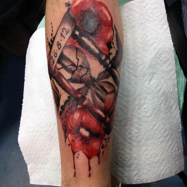 Guy With Hourglass Poppy Tattoo On Leg Calf Watercolor