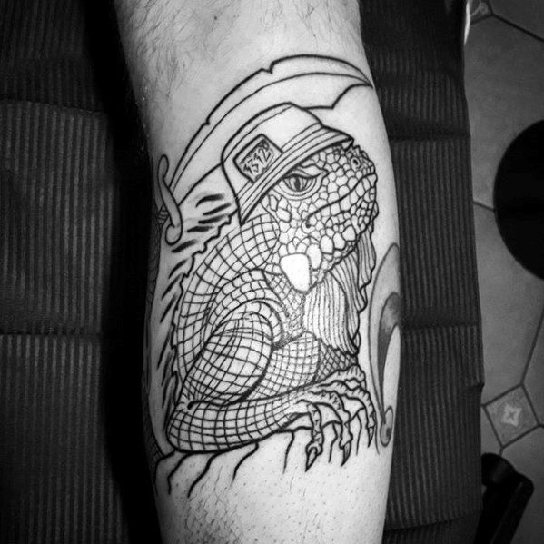 Black ink iguana tattoo outline wearing a bucket hat labeled "321", with bold lines and a fun, quirky design.