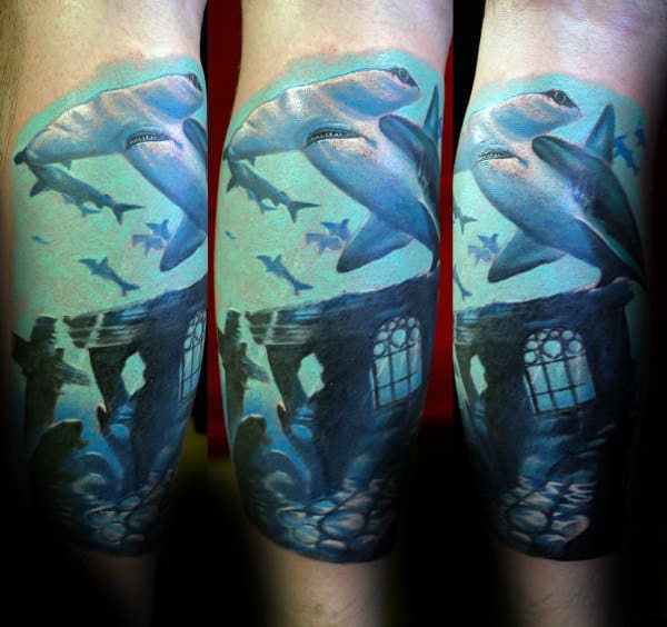 Guy With Incredible Hammerhead Shark Leg Sleeve Tattoo Design