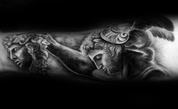 Guy With Inner Forearm 3d Perseus Holding Head Of Medusa Tattoo Design