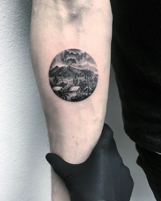 Guy With Inner Forearm Mini Volcano Tattoo Design
