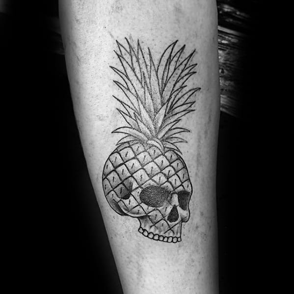 Guy With Inner Forearm Small Skull Pineapple Tattoo Design