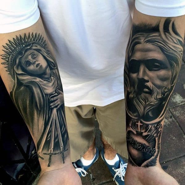 Guy With Jesus And Mother Mary Forearm Tattoos