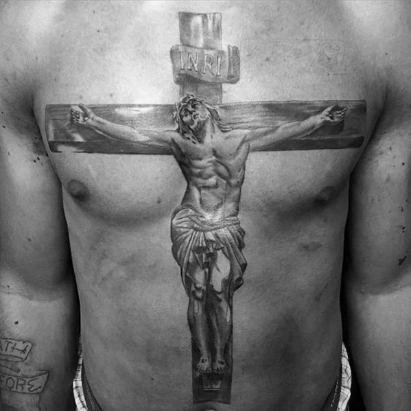 Guy With Jesus On Wood Cross 3d Full Chest Tattoo