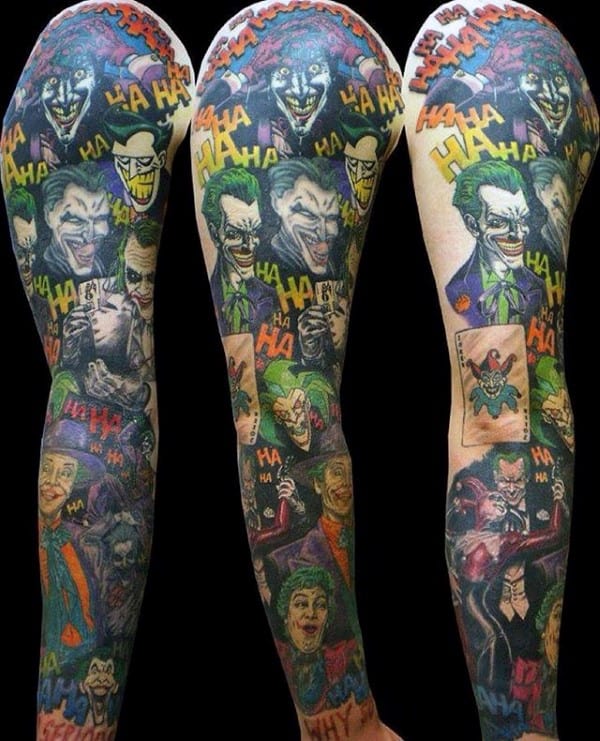 Guy With Joker Themed Tattoo Sleeve Design