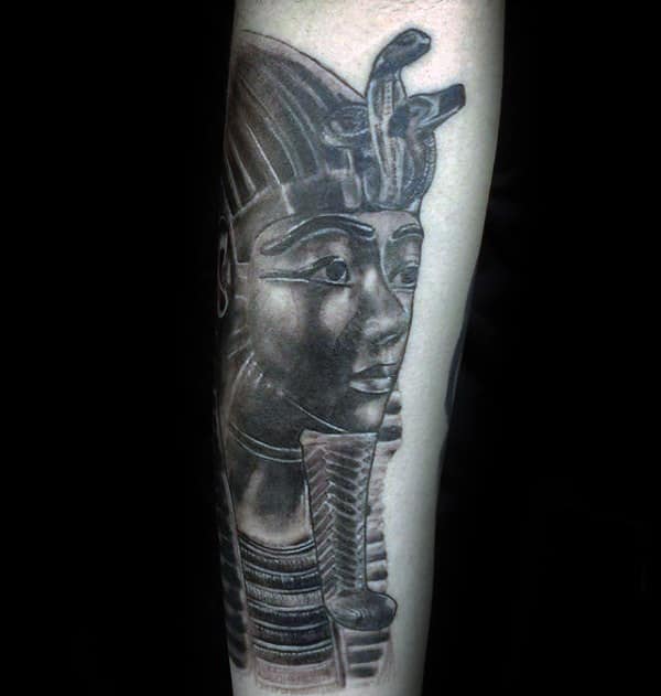 Guy With King Tutankhamun Tattoo On Forearm With Black And Grey Shaded Ink Design