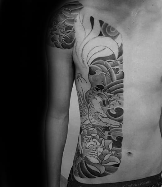 Guy With Kitsune Half Chest Nine Tailed Fox Japanese Tattoo Design