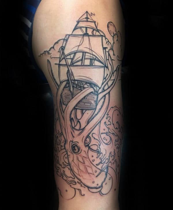 Guy With Kraken Black Ink Outline Arm Tattoo