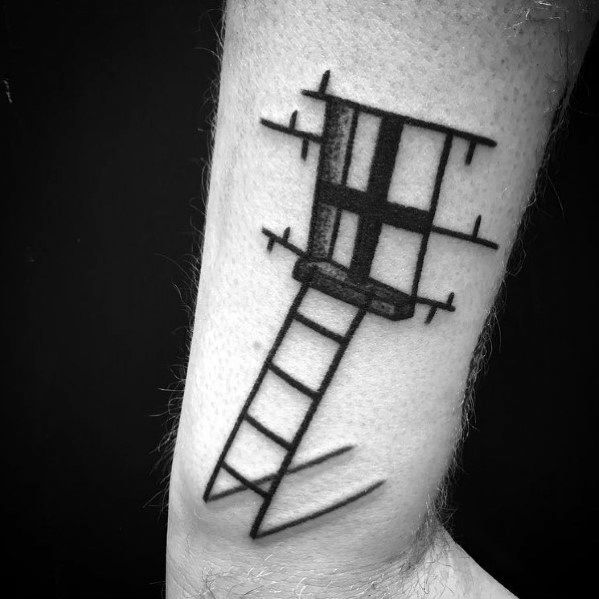 Abstract blackwork tattoo of a ladder leading to a window, symbolizing opportunities, ideal for men's wrists or forearms.