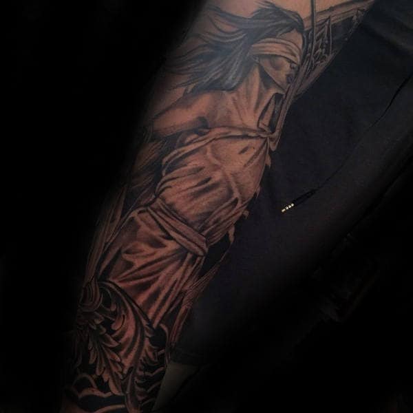 Guy With Lady Justice Full Sleeve Tattoo