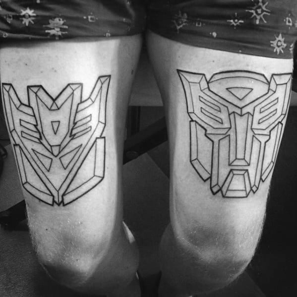 Guy With Leg Calf Black Ink Outline Transformers Tattoos On Thigh