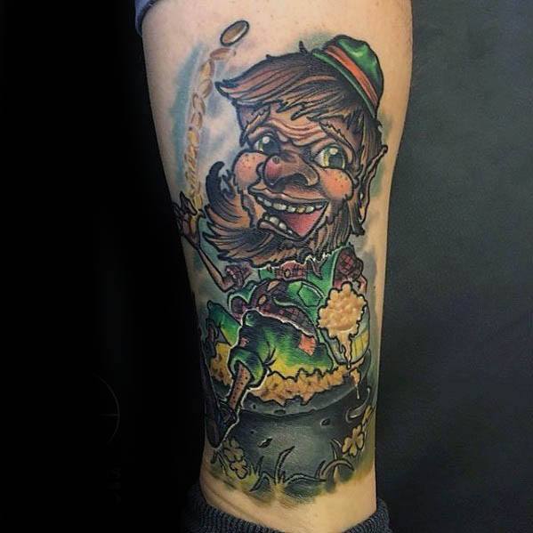 Vibrant tattoo of a mischievous leprechaun jumping from a pot of gold, flipping a coin in the air with a wild grin and lively pose.