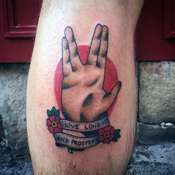 Guy With Live Long And Prosper Vulcan Salute Traditional Leg Calf Star Trek Tattoo Design