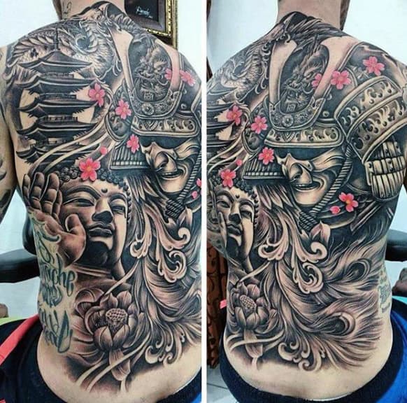 Guy With Lovely Oriental Themed Buddha And Warrior Tattoo On Full Back