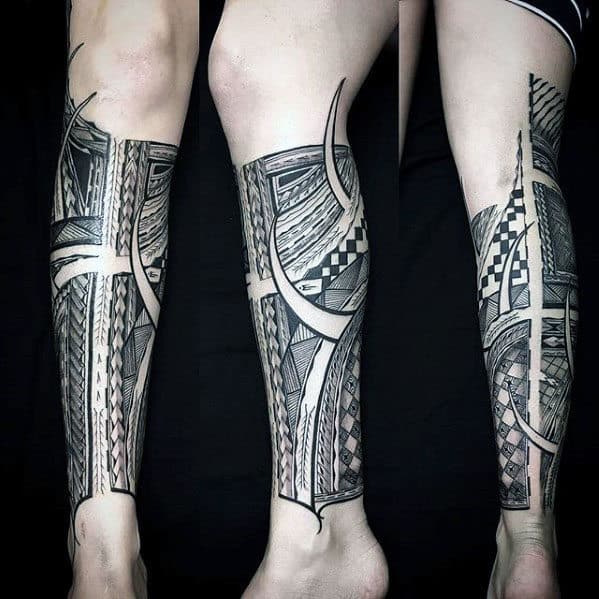Guy With Manly Polynesian Leg Sleeve Tattoo