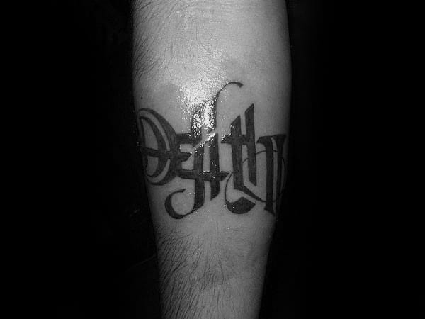 Guy With Masculine Life Death Word Ambigram Tattoo Around Forearm