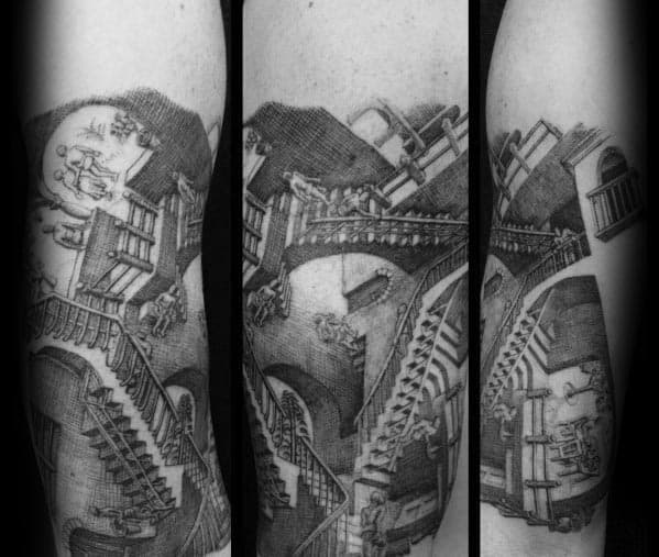 Tattoo sleeve of MC Escher’s “Relativity,” showcasing multiple staircases defying gravity with figures walking in impossible directions.