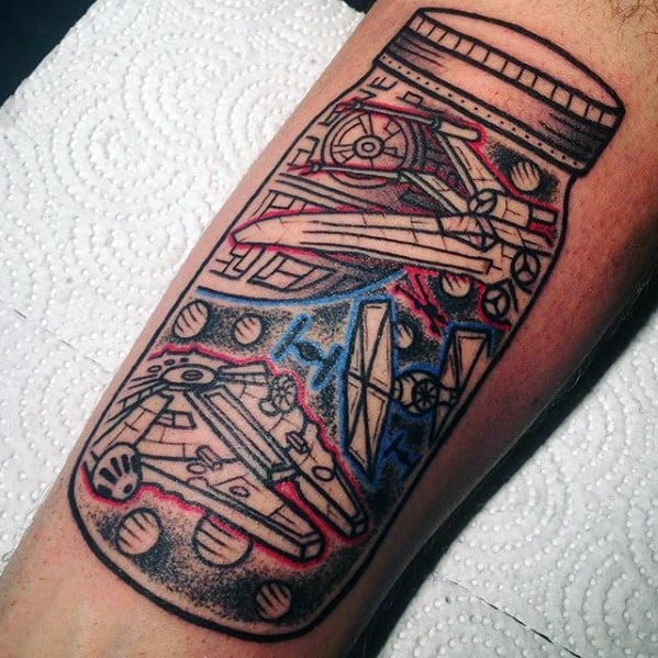 Millennium Falcon tattoo design featuring detailed spaceship linework, ideal for Star Wars fans and sci-fi lovers.