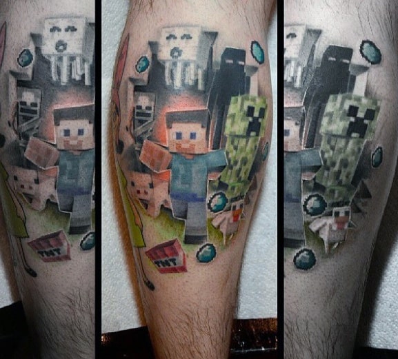 Detailed Minecraft tattoo sleeve featuring Steve, Creeper, Enderman, TNT, diamonds, and other iconic mobs in a dynamic 3D-style design.