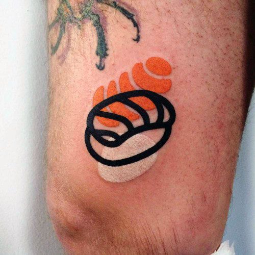 Guy With Modern Minimalistic Sushi Tattoo Design On Thigh