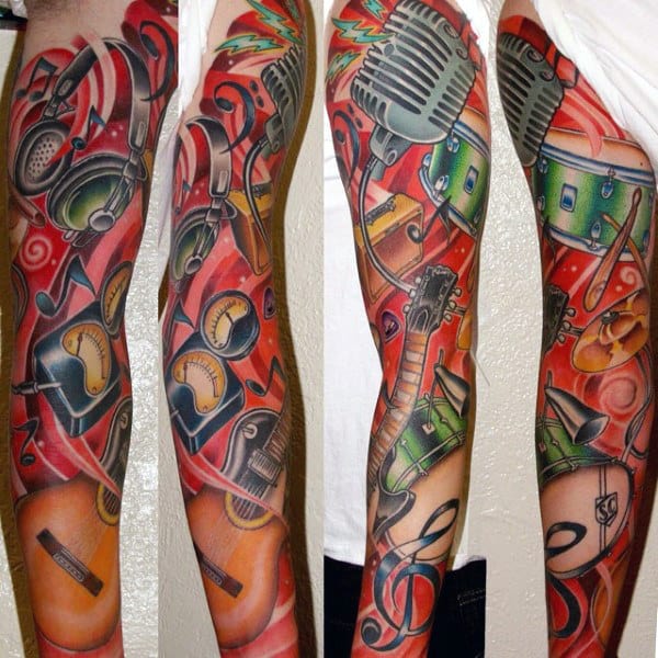 Guy With Musical Themed Full Sleeve Tattoo Design