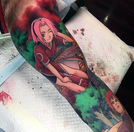 tattoo showcasing Naruto in a vibrant, colorful nature scene with anime characters