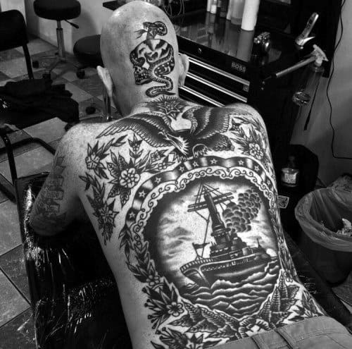 Guy With Navy Ship Traditional Back Tattoo