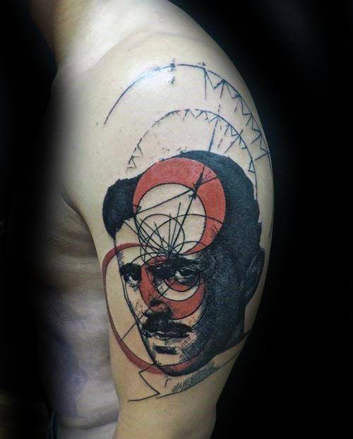 Abstract tattoo of Nikola Tesla with geometric spirals, red circles, and sketch-style lines creating a dynamic, scientific design.