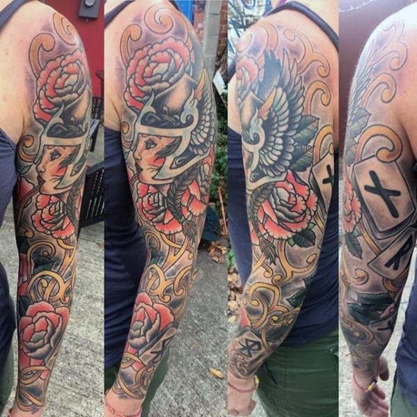 Guy With Norse Valkyrie Tattoo Design Full Arm