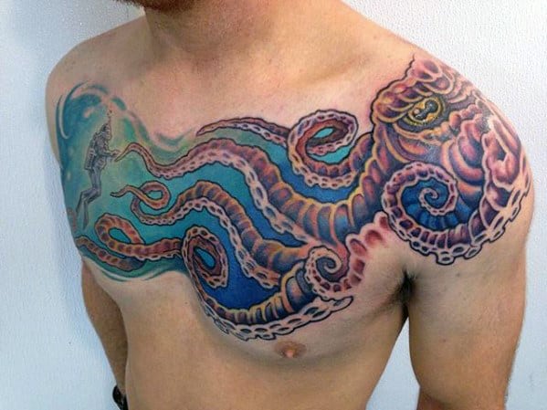 Guy With Octopus And Diver Underwater Upper Chest And Shoulder Tattoo