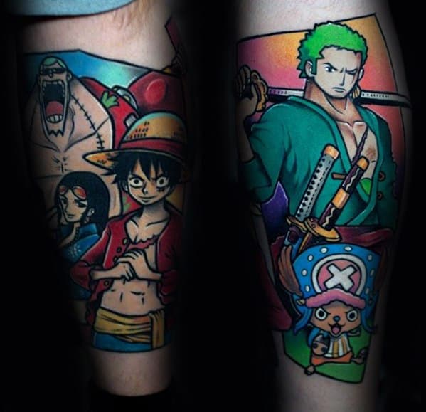Guy With One Piece Leg Sleeve Tattoo Anime Design