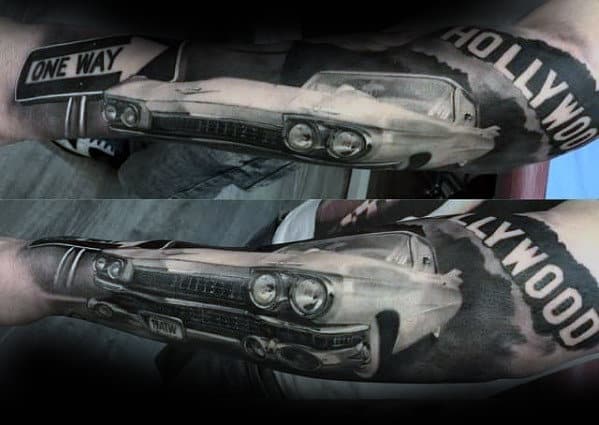 Guy With One Way Sign Cadillac Realistic Car Tattoo