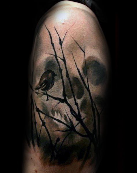 Guy With Optical Illusion Shaded Tree Branches Watercolor Skull Tattoo Design