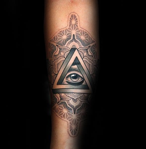 Guy With Ornate Eye Penrose Triangle Tattoo Design On Forearm