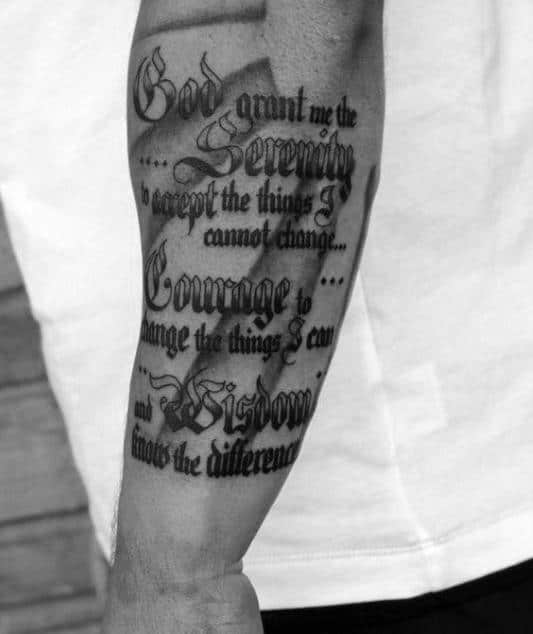 Guy With Outer Forearm Tattoo Of Sun Rays And Serenity Prayer