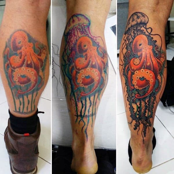 Guy With Peach Colored Jellyfish Tattoo Calves