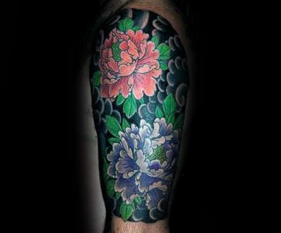 Guy With Peony Flower Half Sleeve Tattoo Japanese Clouds