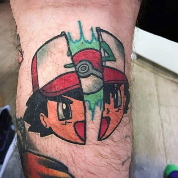 Creative split-face tattoo of Ash Ketchum with a Pokeball bursting in the center, featuring bold outlines and dynamic color bursts.