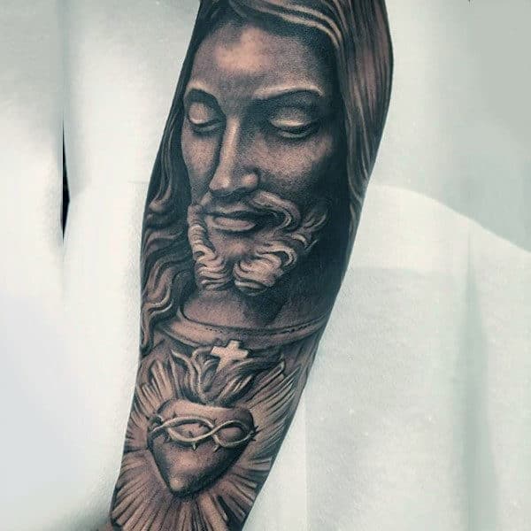 Guy With Praying God Religious Tattoo Sleeves