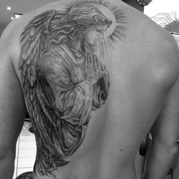Guy With Praying Guardian Angel Tattoo On Back