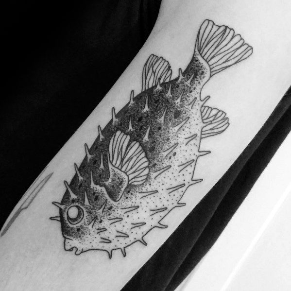 Black and grey pufferfish tattoo with fine line work and dot shading, creating a detailed and realistic yet minimalist design.