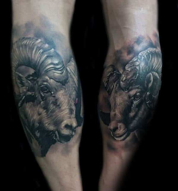 Guy With Ram Back Of Leg Calf Tattoos Realistic Design