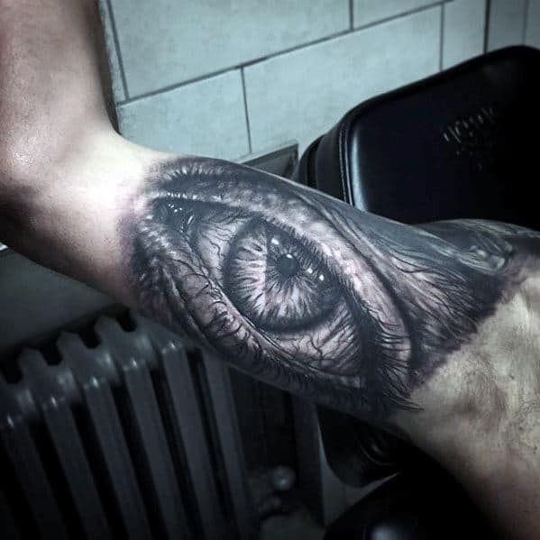 Guy With Realistic Eye Quarter Sleeve Tattoo