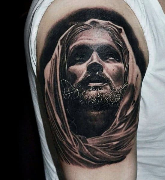 Guy With Realistic Jesus Portrait On Upper Arm Quarter Sleeve Design