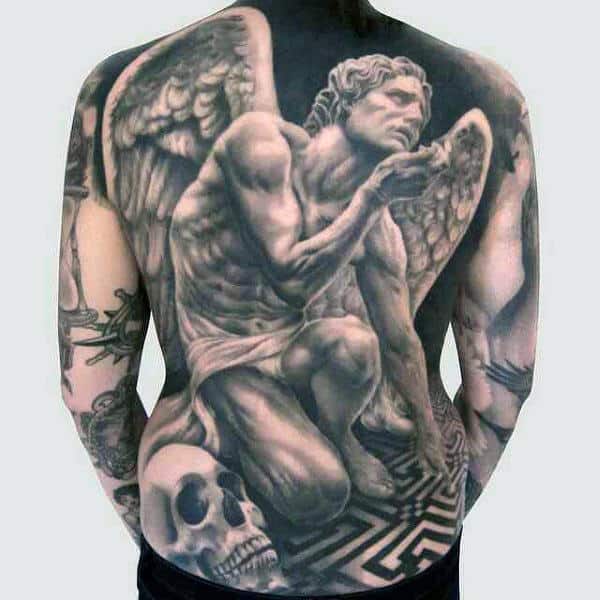 Guy With Realistic Marble Winged Greek God Tattoo